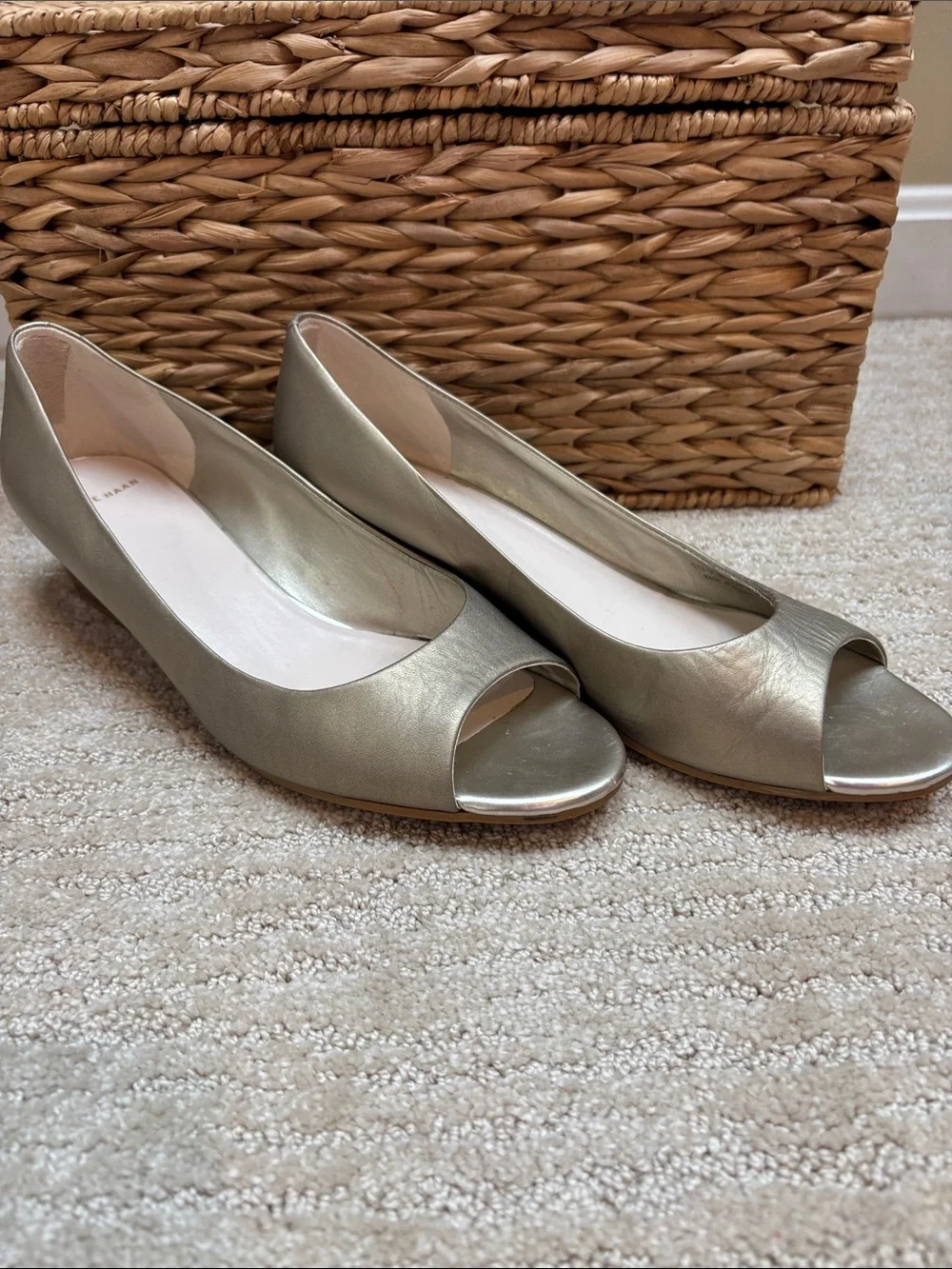 Cole Haan Metallic Gold Peep-Toe Wedge Heels Size 9.5 EUC